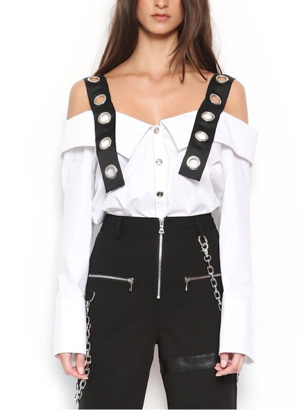 I.AM.GIA White Off-Shoulder Blouse with Black Grommet Straps